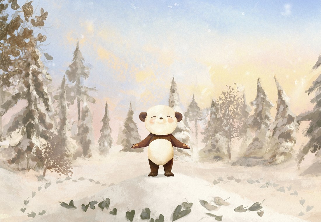 Aya the panda standing with open arms in a snowy forest, heart-shaped leaves in the snow